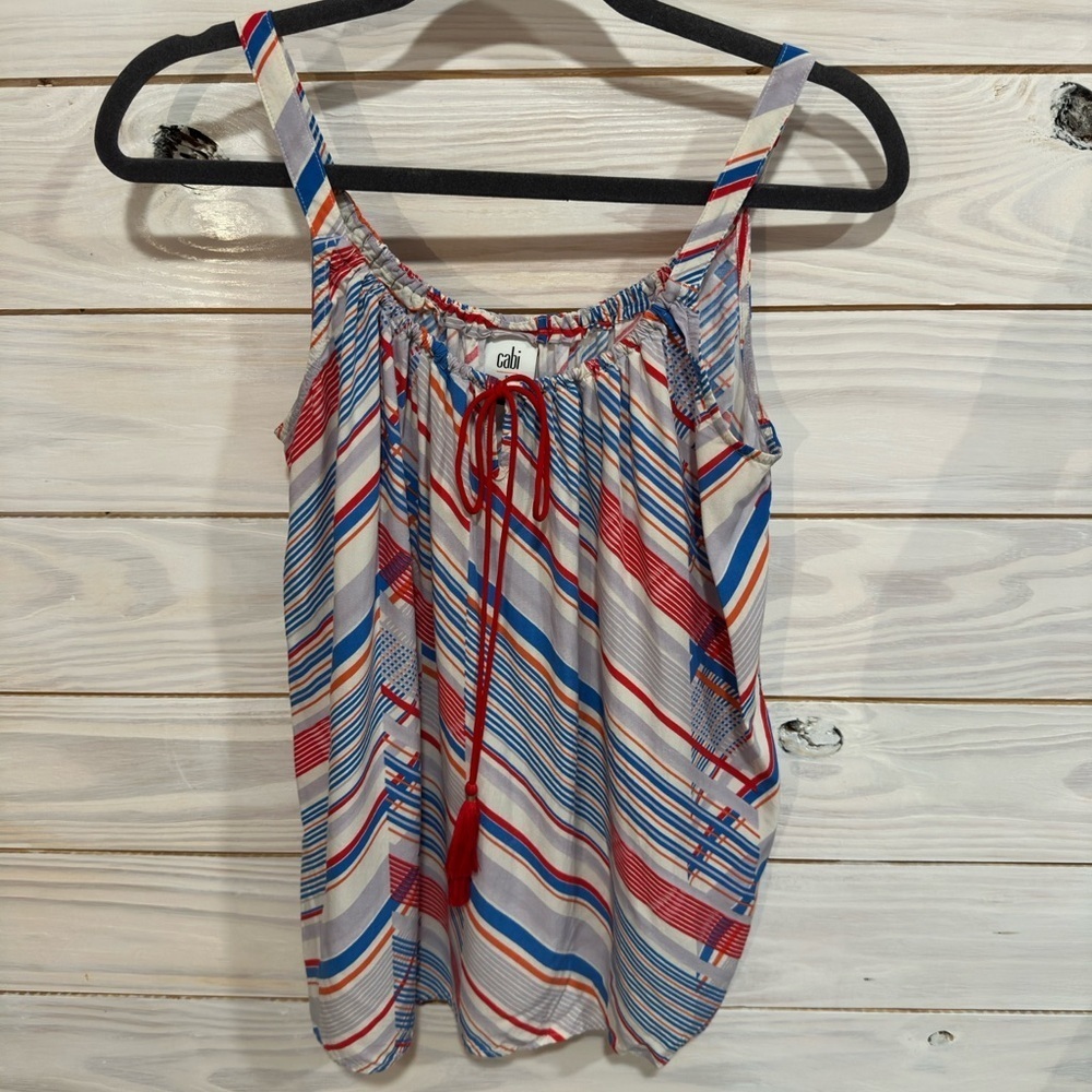 CAbi Blue and Red Sleeveless Tie Front Tank Top